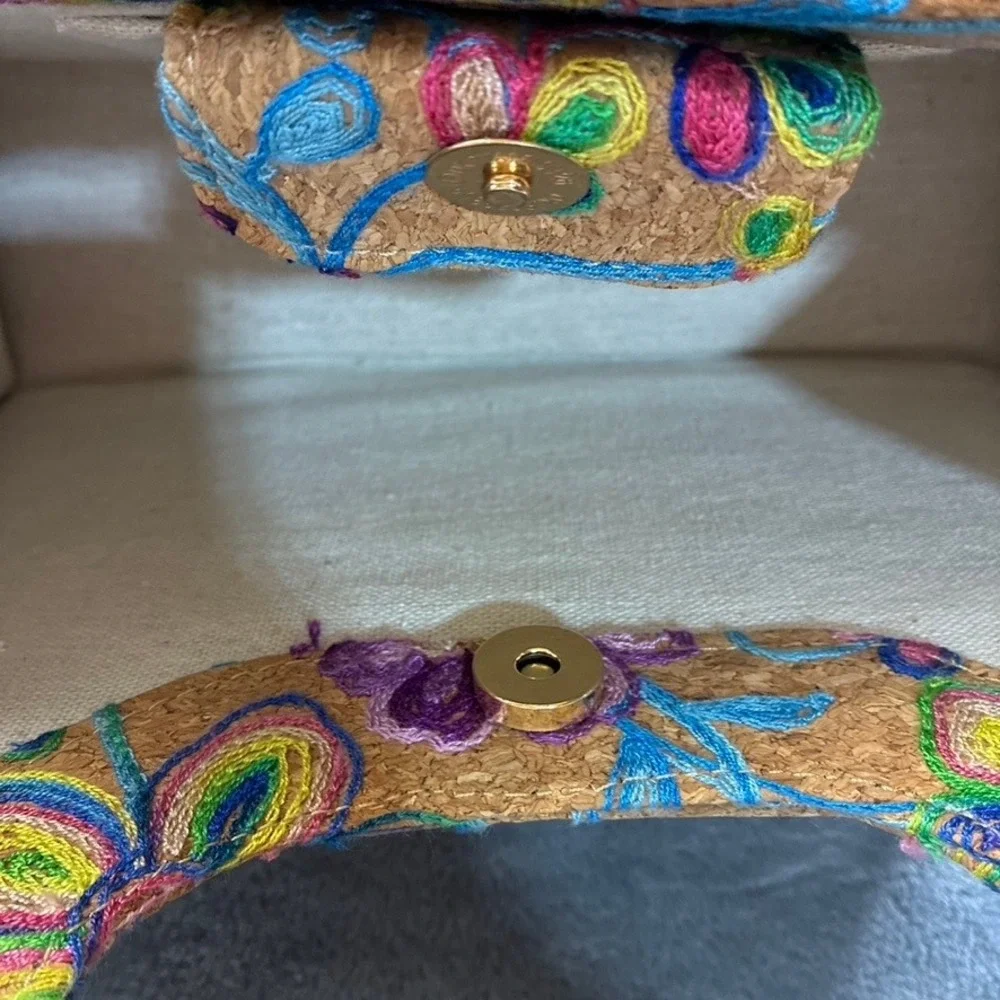 Floral Embroidered Cork Handbag Wooden Bead‎ Top Handle Satchel Tan Multi